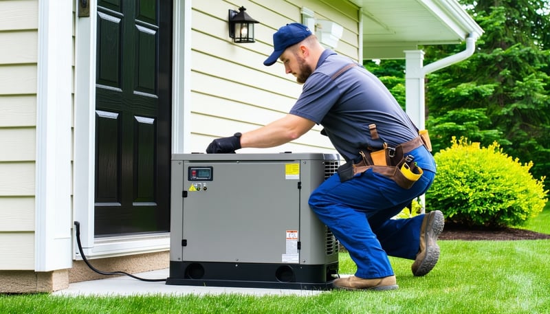 Technician installing a standby electrical generator outside a home